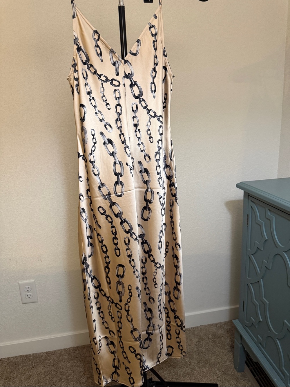 Express Satin Chain Print Slip Dress, Size S, NWT, Champagne & Navy
